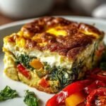 A golden brown summer veggie egg bake in a ceramic dish with melted feta and cherry tomatoes on top.