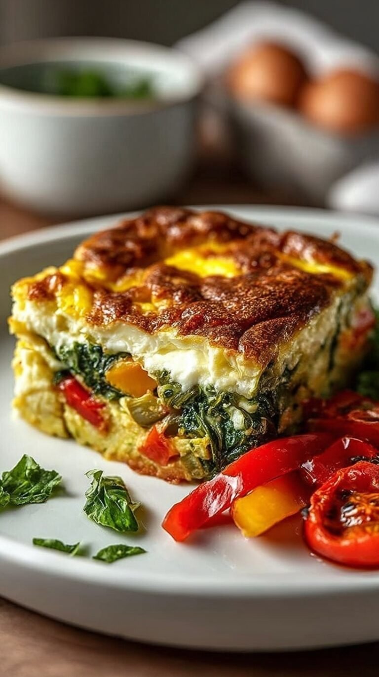 A golden brown summer veggie egg bake in a ceramic dish with melted feta and cherry tomatoes on top.