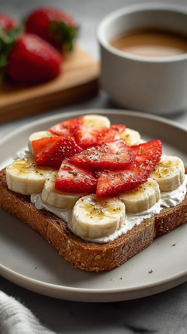 A slice of whole grain toast topped with creamy cottage cheese, sliced strawberries, bananas, honey, and cinnamon.