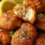 Golden brown crispy chicken nuggets with lemon zest and black pepper on a white plate