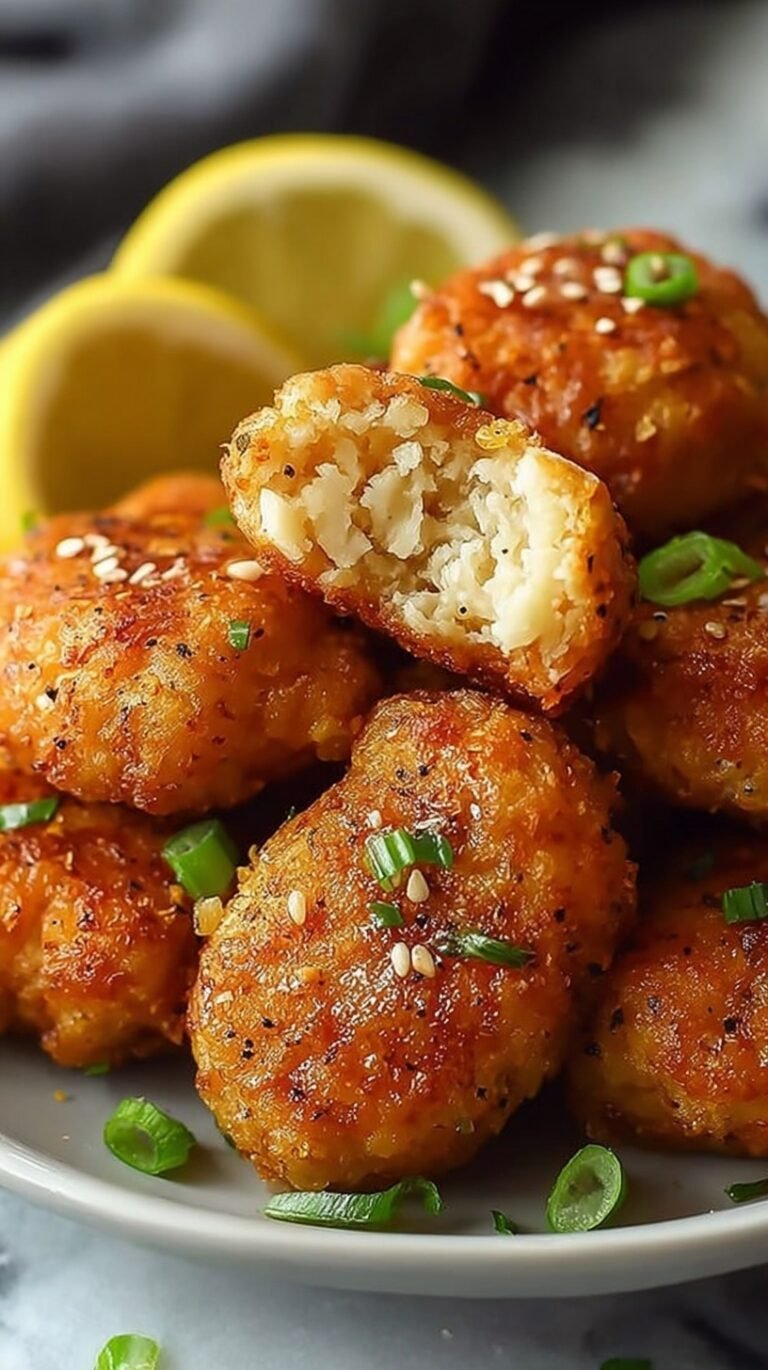 Golden brown crispy chicken nuggets with lemon zest and black pepper on a white plate