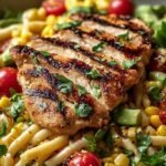 A vibrant bowl of grilled chicken and corn salad with avocado, tomatoes, and lime vinaigrette.