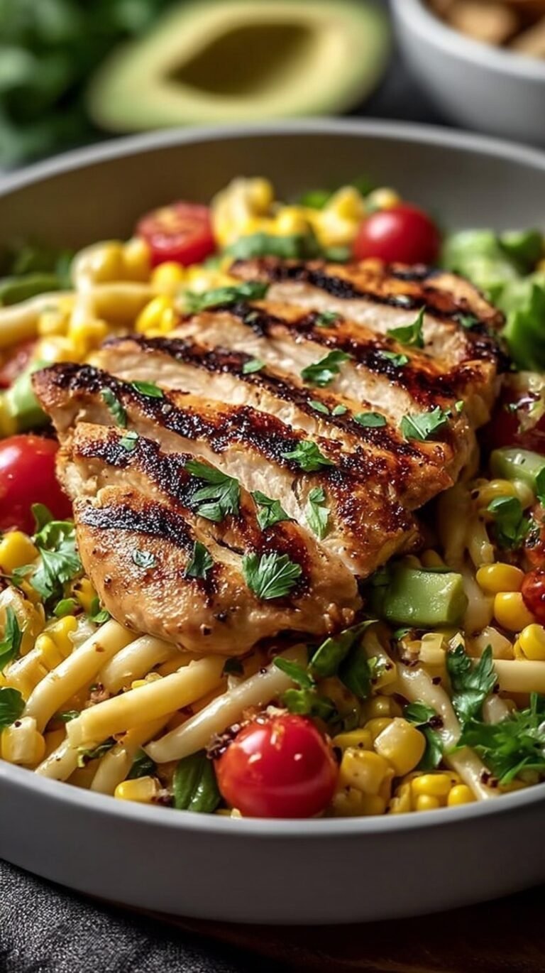 A vibrant bowl of grilled chicken and corn salad with avocado, tomatoes, and lime vinaigrette.