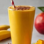 A creamy yellow tropical protein smoothie in a chilled glass with a straw