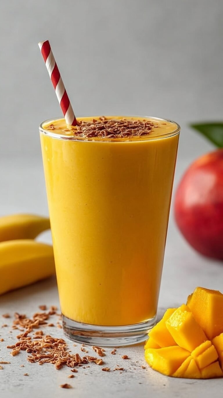 A creamy yellow tropical protein smoothie in a chilled glass with a straw