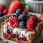Four glass meal prep containers filled with Greek yogurt, fresh berries, almonds, and hemp seeds.