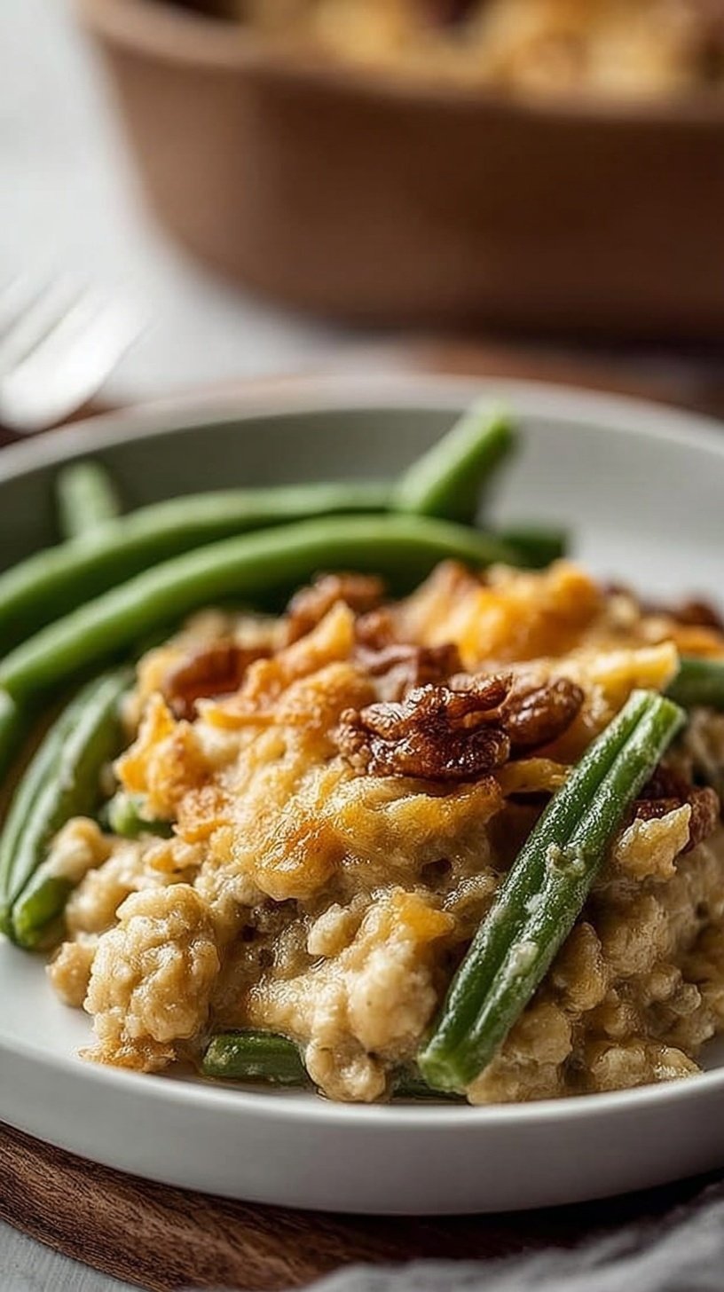 A white baking dish filled with creamy green beans topped with golden crushed pork rinds and parmesan cheese.