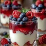 Layered berry yogurt parfaits in glass jars with fresh strawberries, blueberries, and granola