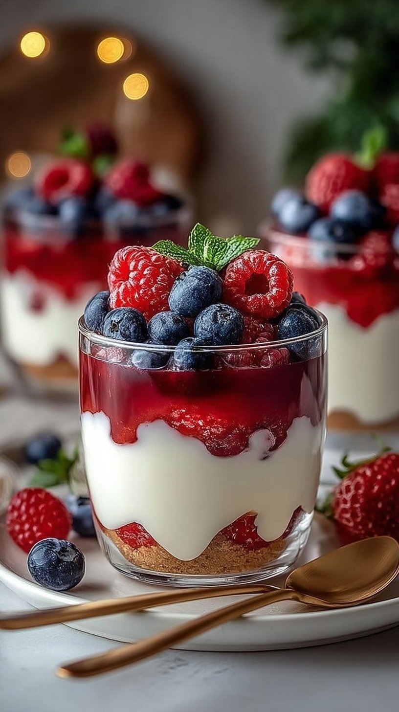 Layered berry yogurt parfaits in glass jars with fresh strawberries, blueberries, and granola