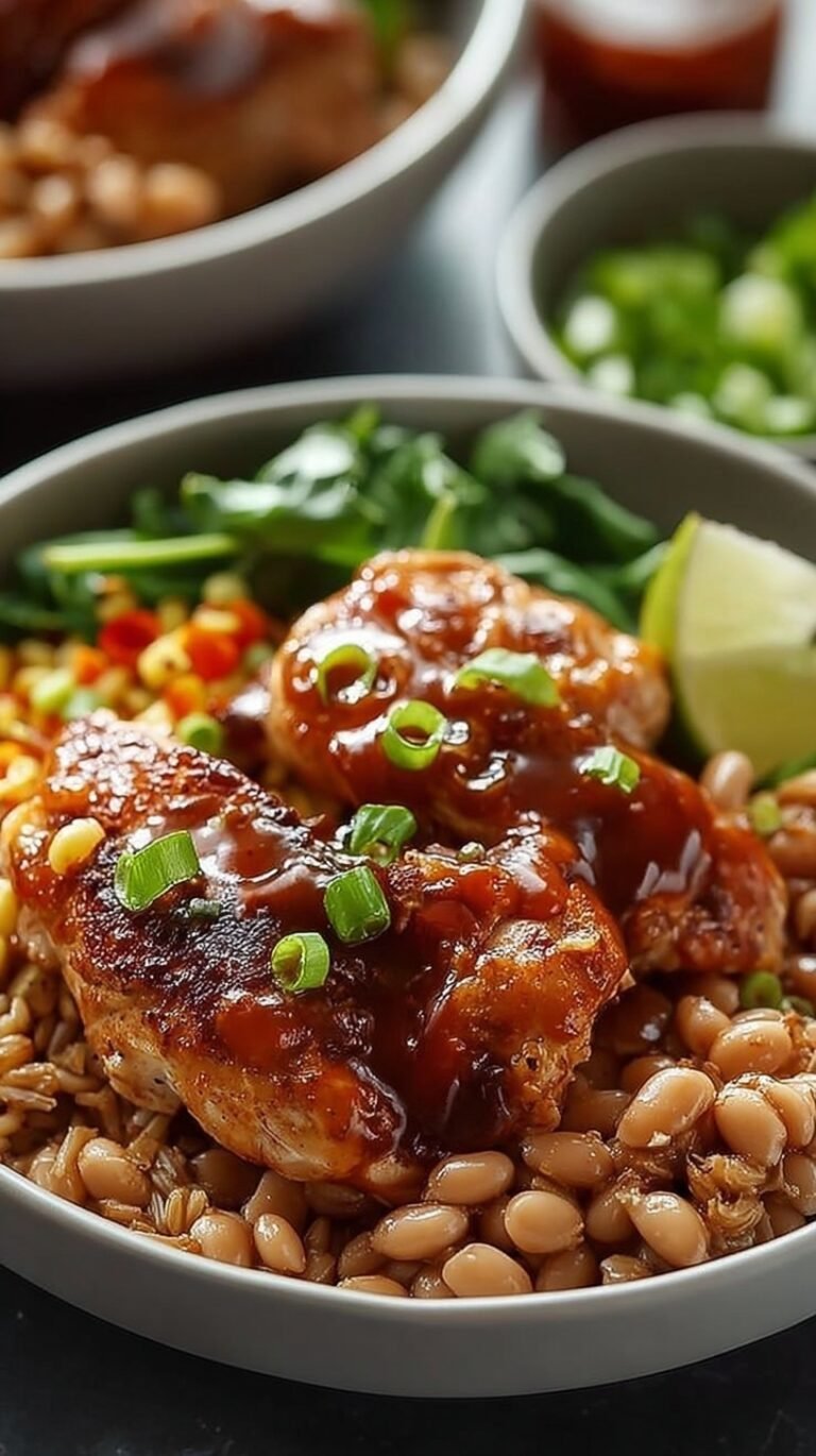 Four glass meal prep containers filled with BBQ chicken, roasted sweet potatoes, broccoli, and black beans