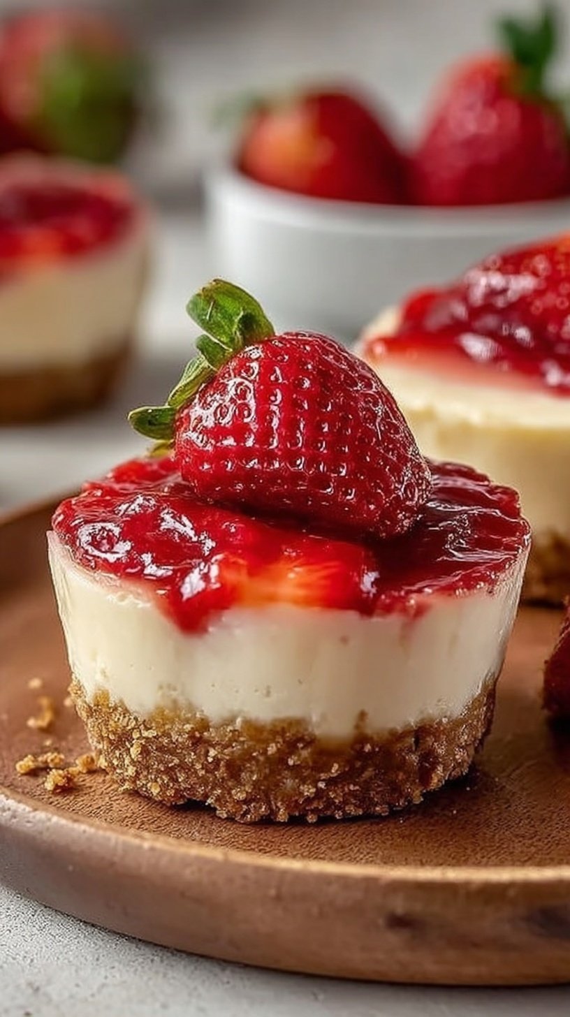 Individual glass cups filled with layers of graham cracker crust, creamy cheesecake filling, and fresh diced strawberries on top.