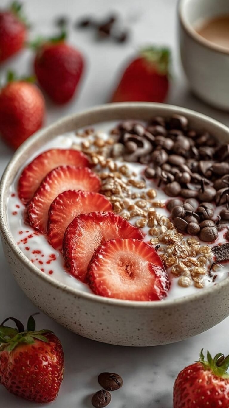 A fresh strawberry chia yogurt bowl with sliced berries, chia seeds, and granola on top of creamy Greek yogurt.
