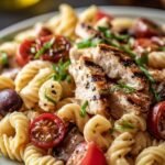 A large bowl of high-protein pasta salad with grilled chicken, cherry tomatoes, and feta cheese