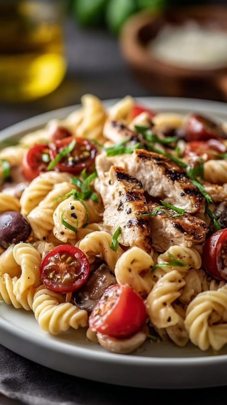 A large bowl of high-protein pasta salad with grilled chicken, cherry tomatoes, and feta cheese