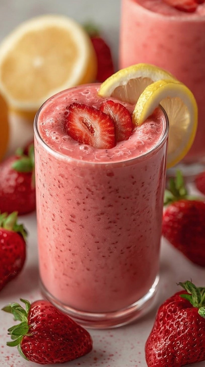 A bright pink strawberry lemonade smoothie in a chilled glass garnished with a lemon slice.
