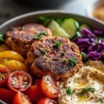 A colorful high-protein turkey burger bowl with fresh greens, tomatoes, avocado, and creamy yogurt dressing.