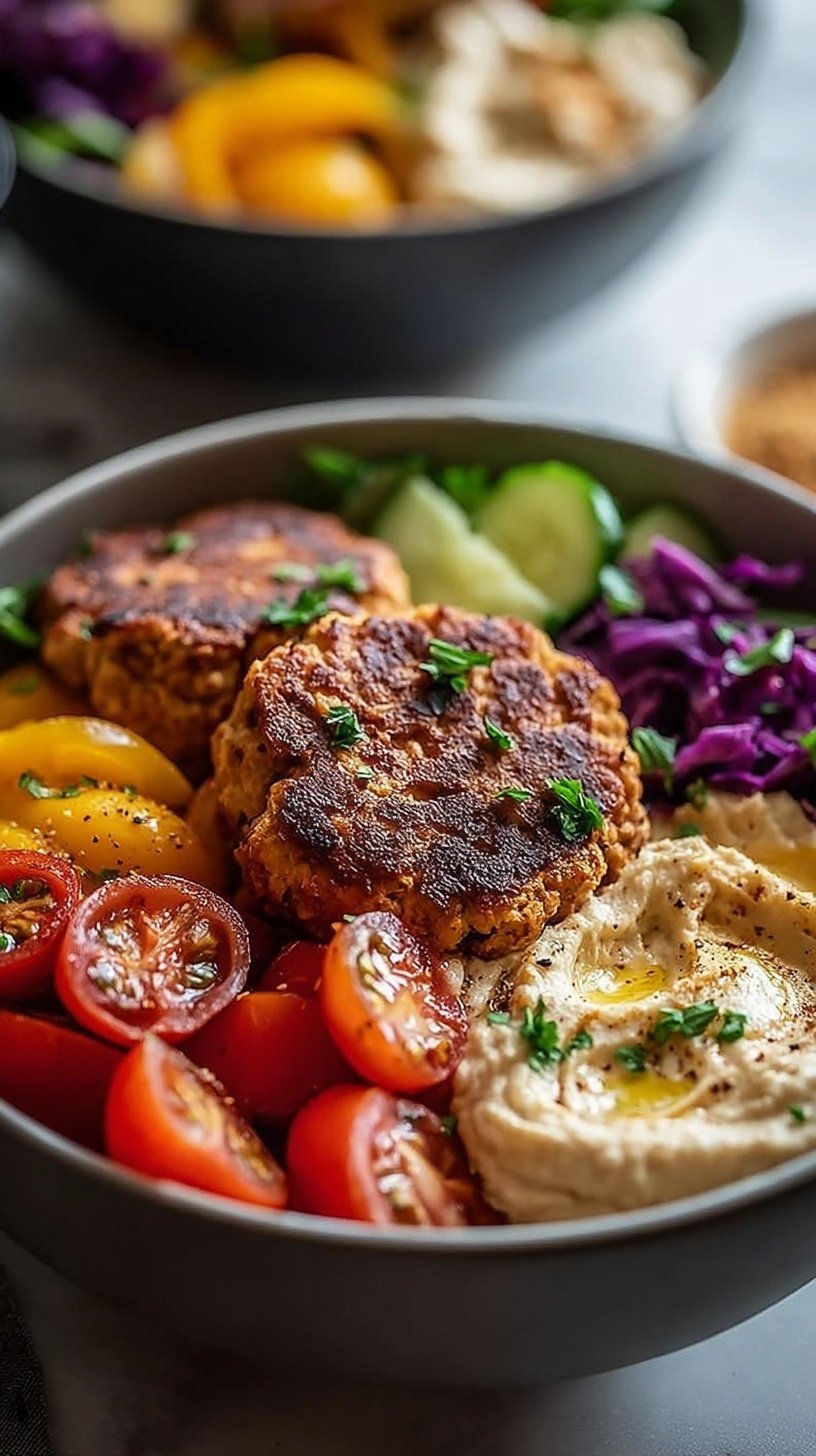 A colorful high-protein turkey burger bowl with fresh greens, tomatoes, avocado, and creamy yogurt dressing.