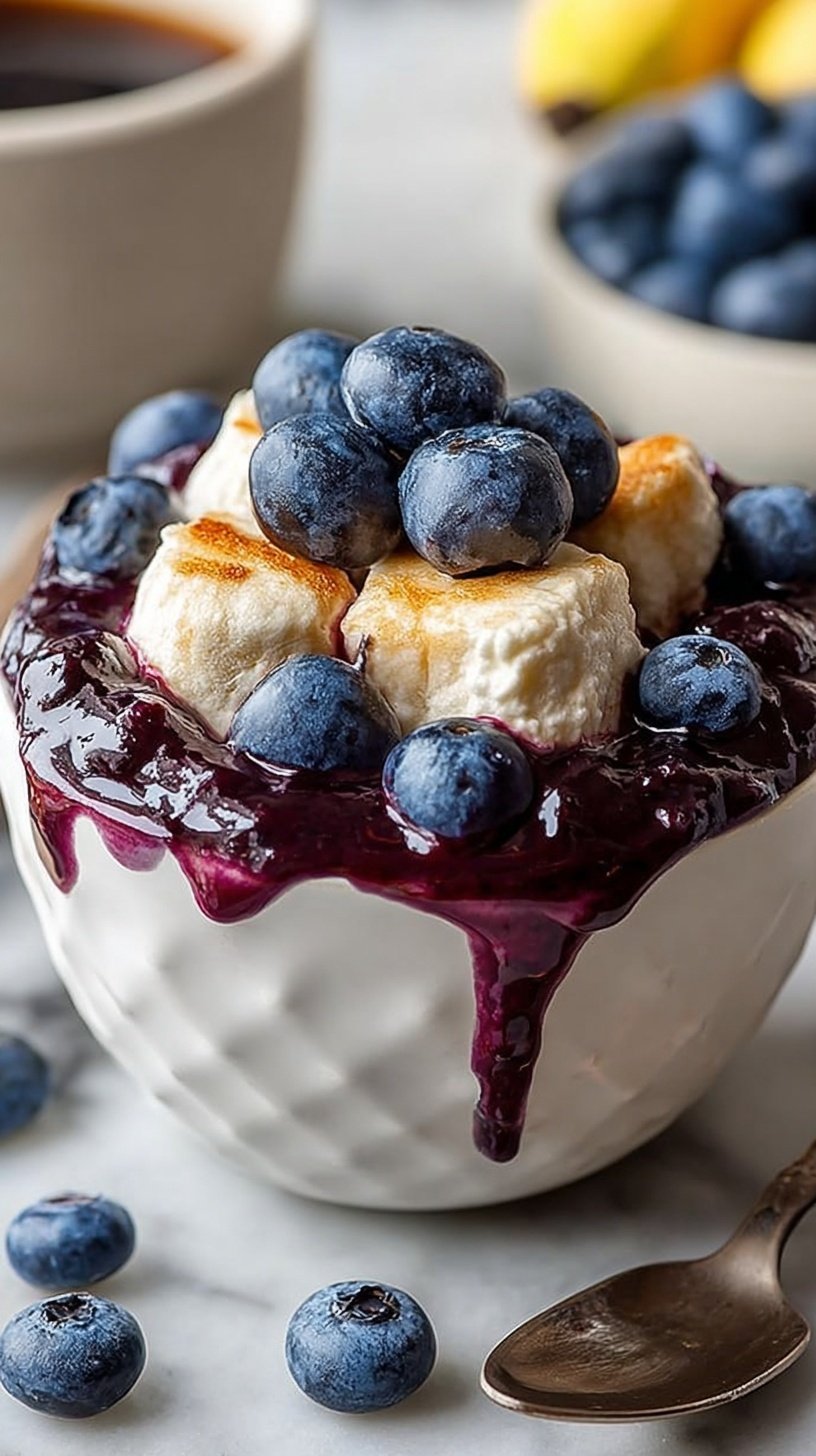 A creamy whipped cottage cheese bowl topped with fresh blueberries, honey, and sliced almonds.