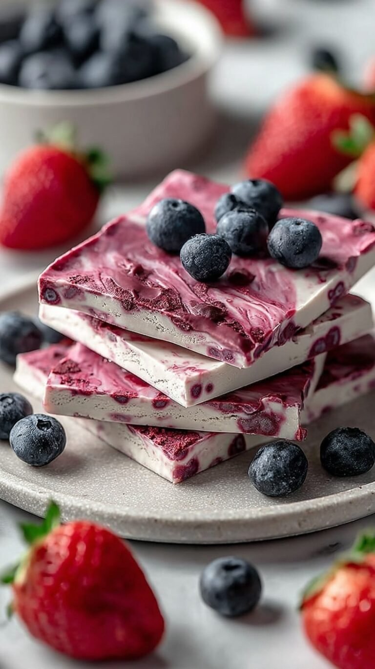 A tray of frozen yogurt bark topped with fresh strawberries, blueberries, granola, and hemp seeds broken into shards.