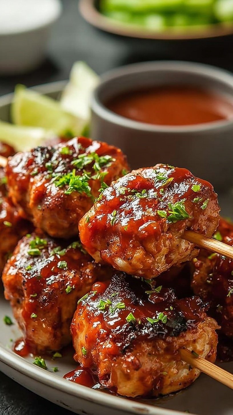 Golden brown BBQ chicken skewers in an air fryer basket with a honey glaze