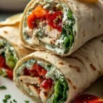 Four chicken caesar wraps sliced diagonally on a white plate with fresh romaine lettuce