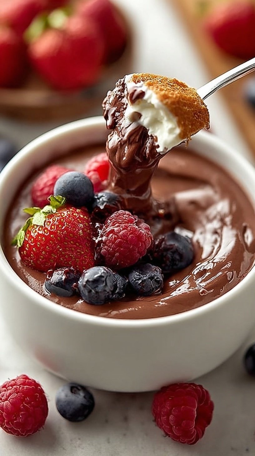 A bowl of smooth chocolate cottage cheese dip topped with fresh raspberries and chocolate chips.