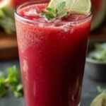A bright pink glass of watermelon beet juice garnished with fresh mint on a sunny table.
