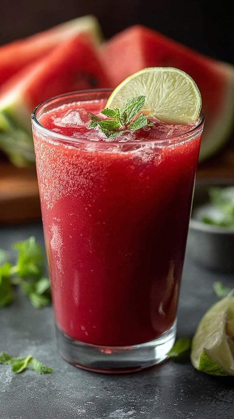 A bright pink glass of watermelon beet juice garnished with fresh mint on a sunny table.