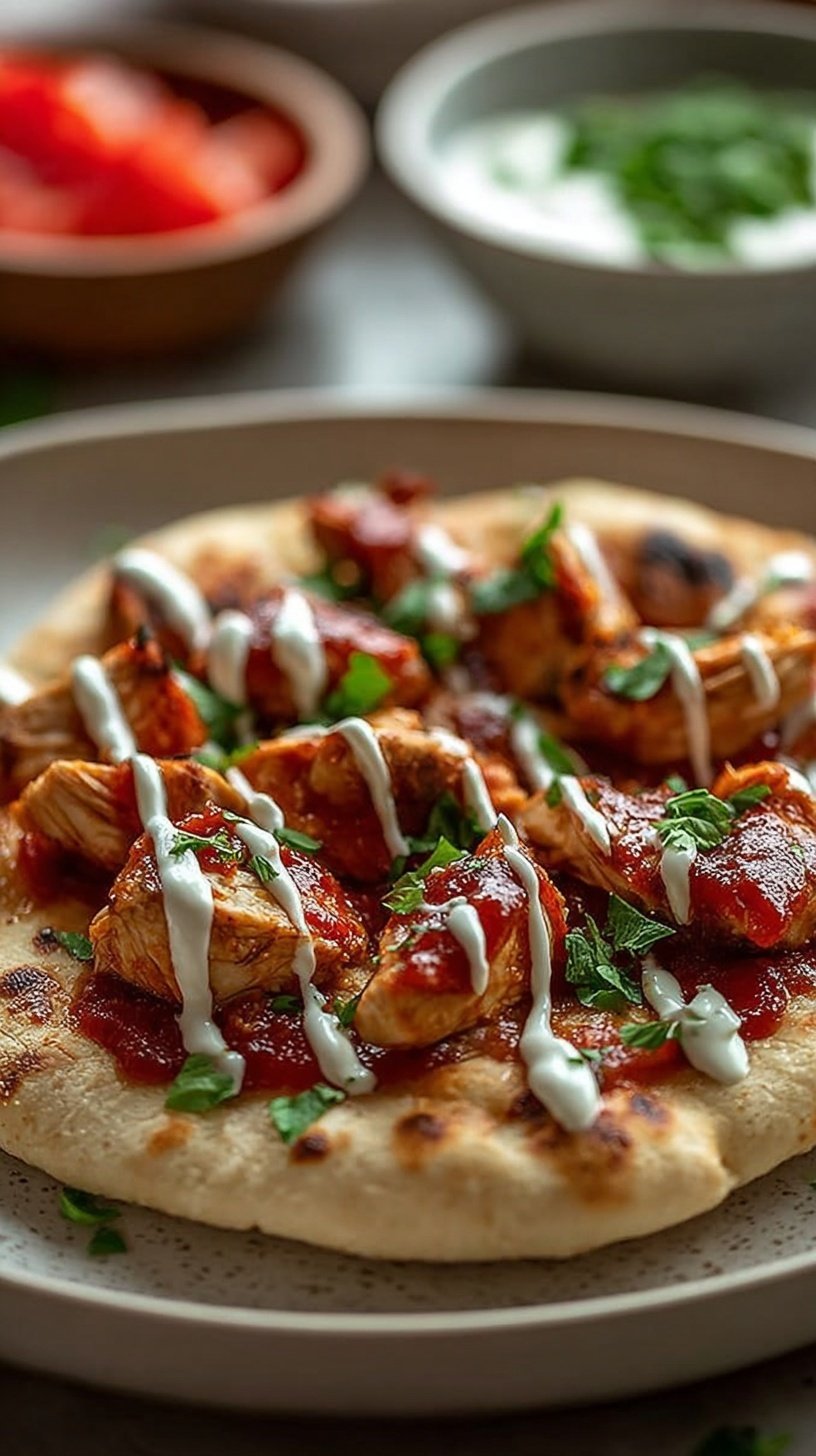 Two golden BBQ chicken flatbread pizzas topped with red onion and fresh cilantro on a baking sheet.