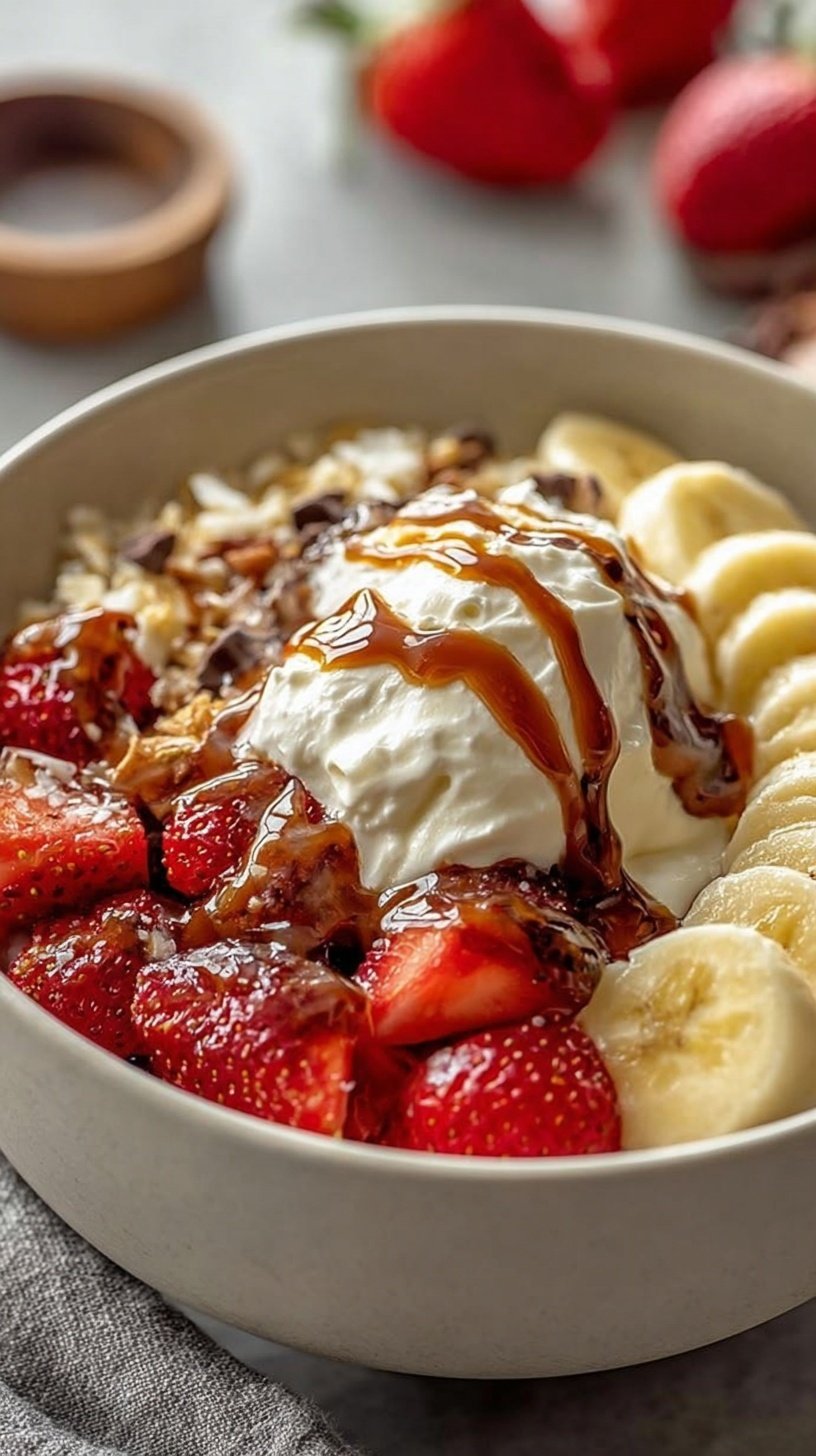 A colorful cottage cheese banana split bowl topped with strawberries, pineapple, walnuts, and chocolate chips.