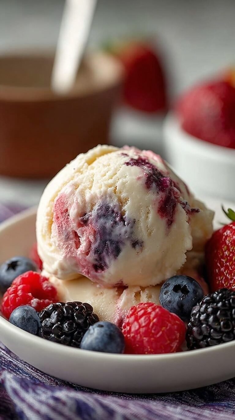 A scoop of creamy vanilla ice cream with fresh berries in a white bowl.
