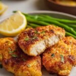 Golden brown crispy lemon pepper chicken tenders in an air fryer basket with lemon wedges
