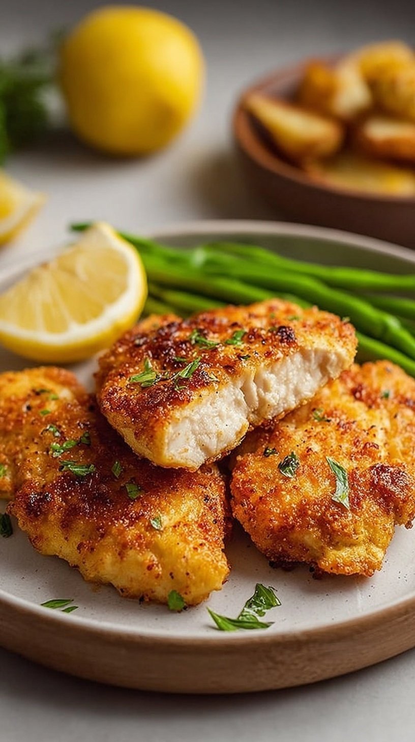 Golden brown crispy lemon pepper chicken tenders in an air fryer basket with lemon wedges
