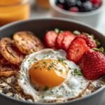A savory breakfast bowl featuring scrambled egg whites, quinoa, black beans, sliced avocado, and a dollop of Greek yogurt.