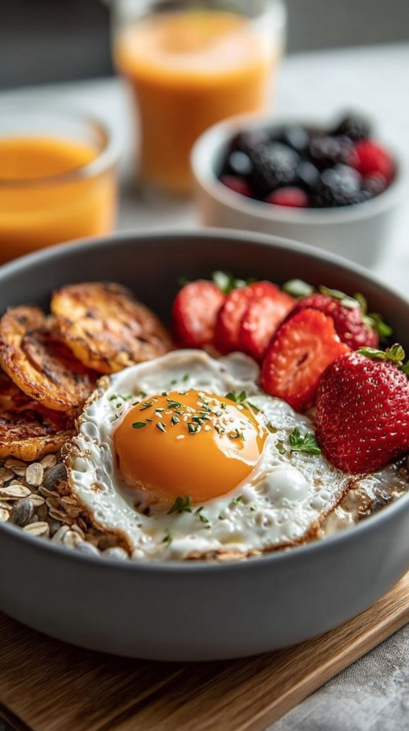 A savory breakfast bowl featuring scrambled egg whites, quinoa, black beans, sliced avocado, and a dollop of Greek yogurt.