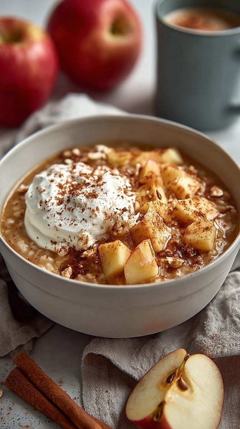A white bowl filled with creamy cottage cheese topped with diced red apples, cinnamon, and chopped walnuts.