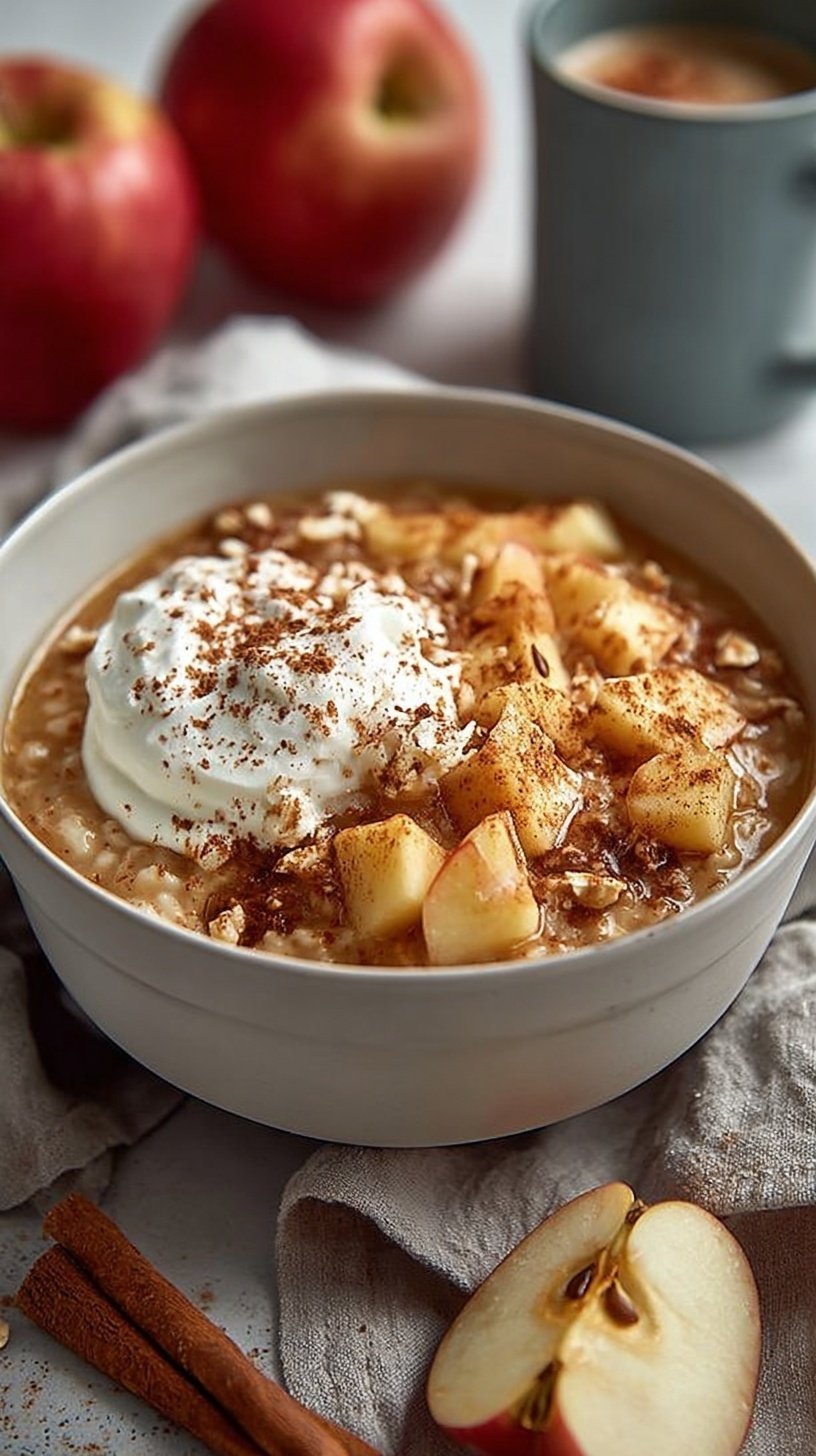 A white bowl filled with creamy cottage cheese topped with diced red apples, cinnamon, and chopped walnuts.