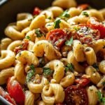 A colorful bowl of chickpea pasta salad with grilled chicken, cherry tomatoes, and cucumbers