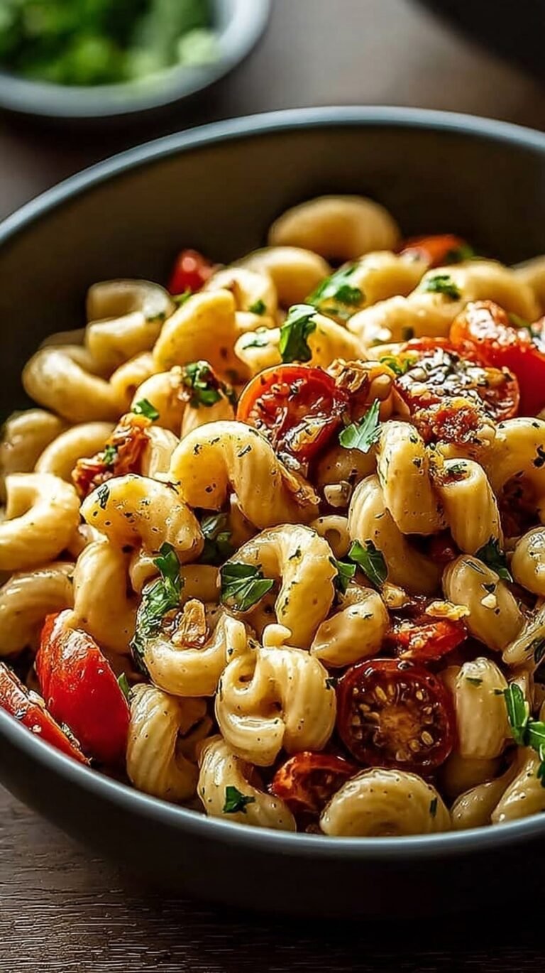 A colorful bowl of chickpea pasta salad with grilled chicken, cherry tomatoes, and cucumbers