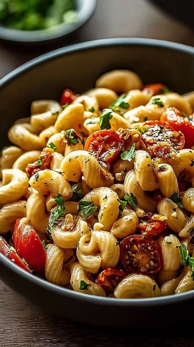 A colorful bowl of chickpea pasta salad with grilled chicken, cherry tomatoes, and cucumbers