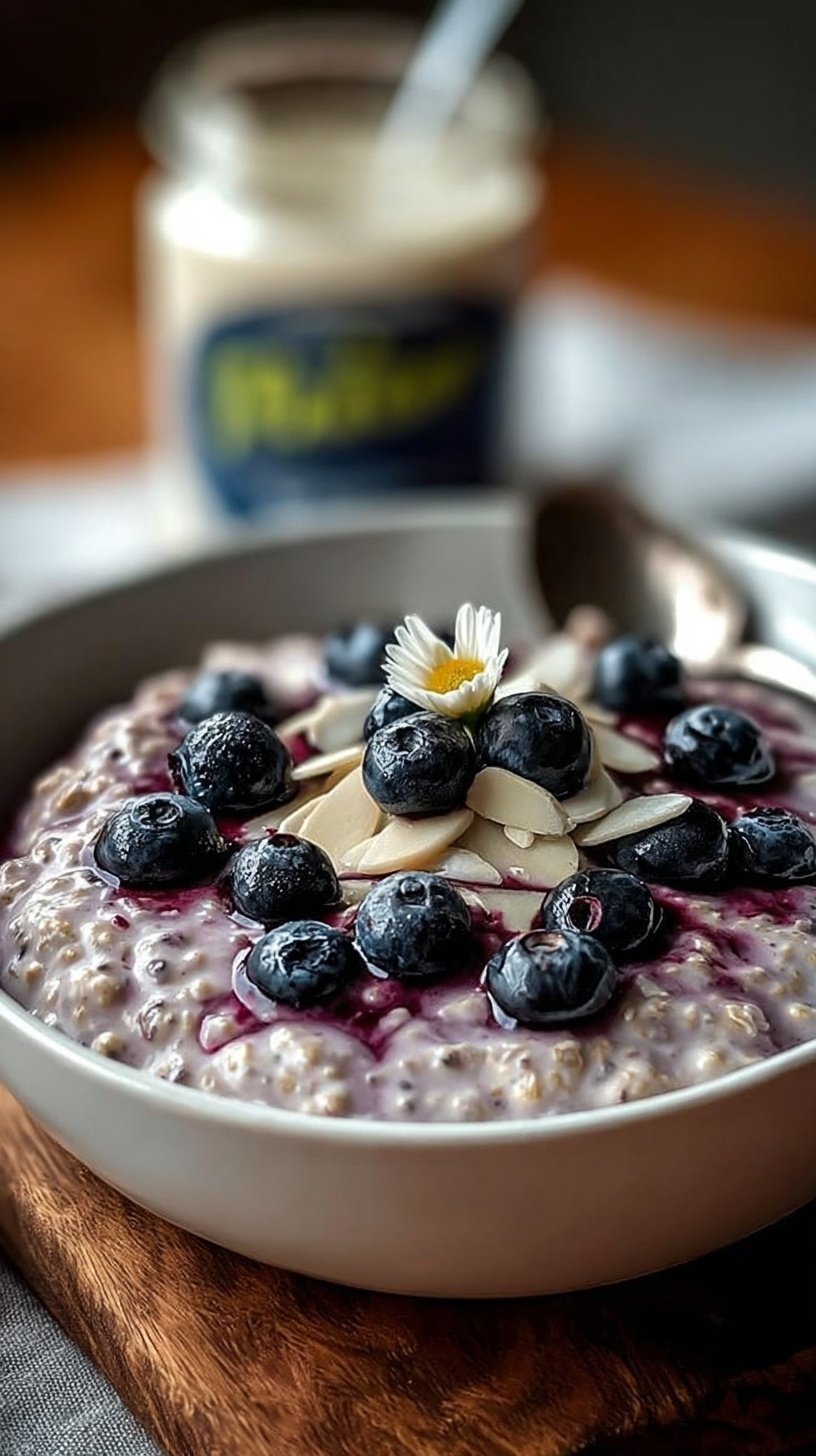 A glass jar filled with creamy blueberry overnight oats topped with fresh berries