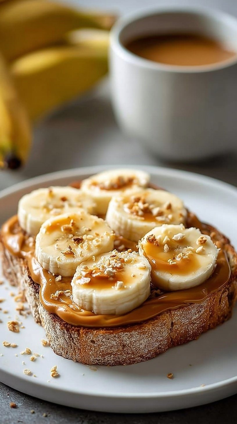 A slice of thick-cut whole grain toast topped with creamy peanut butter, white cottage cheese, sliced bananas, and a drizzle of honey.