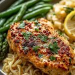Four glass meal prep containers filled with lemon garlic chicken, roasted broccoli, and brown rice on a wooden table.