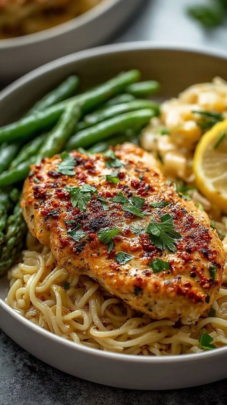 Four glass meal prep containers filled with lemon garlic chicken, roasted broccoli, and brown rice on a wooden table.