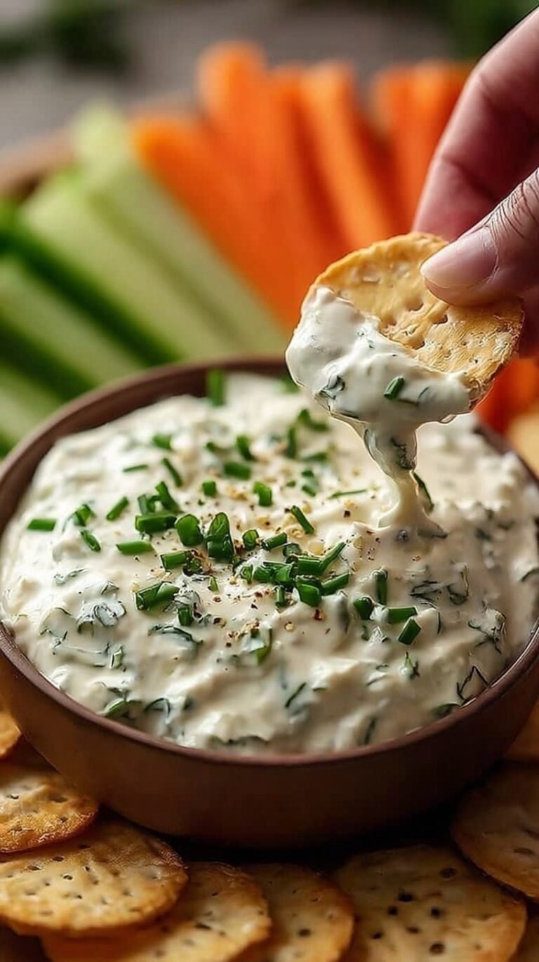 A bowl of smooth blended cottage cheese ranch dip surrounded by fresh vegetable sticks.