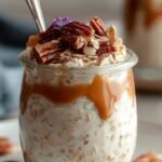 A mason jar filled with creamy cinnamon roll overnight oats topped with a sprinkle of cinnamon.