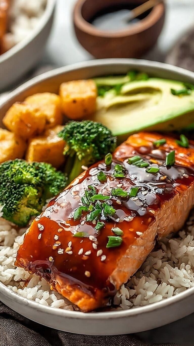 A Teriyaki Salmon Bowl with glazed salmon, steamed broccoli, and white rice topped with green onions and sesame seeds.