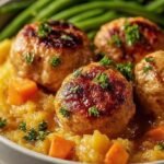 Golden baked chicken meatballs with grated apple and fresh sage on a parchment-lined baking sheet