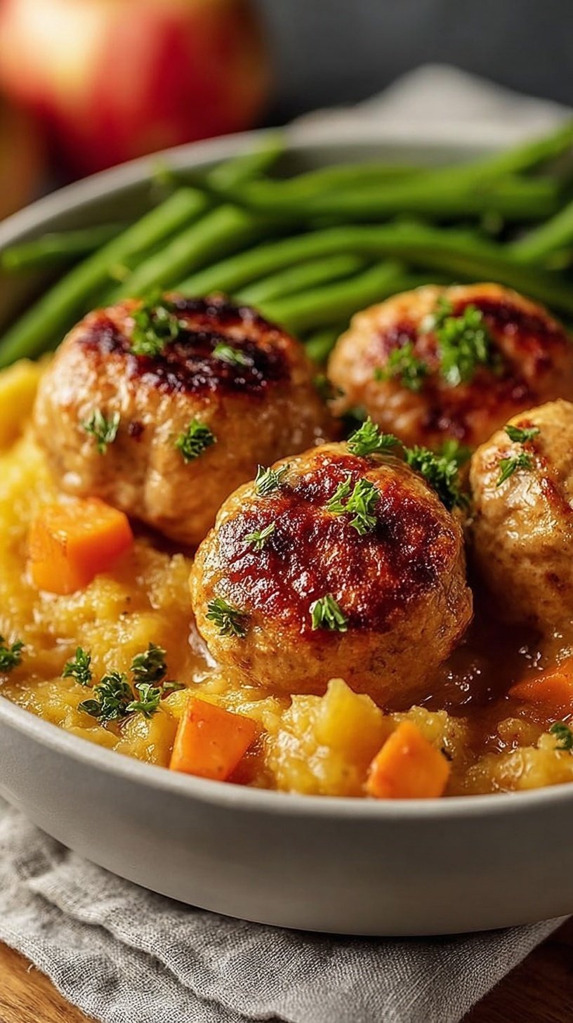 Golden baked chicken meatballs with grated apple and fresh sage on a parchment-lined baking sheet