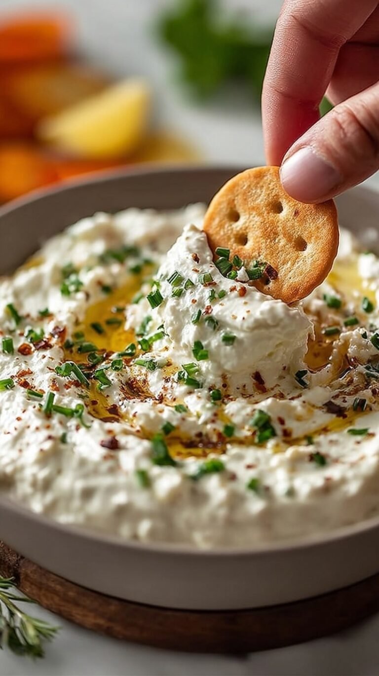 A white bowl filled with creamy whipped cottage cheese dip and fresh green herbs.